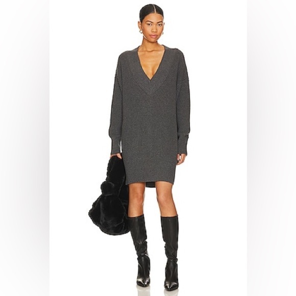 525 AMERICA Ellie Cotton V Neck Dress in Charcoal Heather Gray Women Size XS NWT - Picture 1 of 14